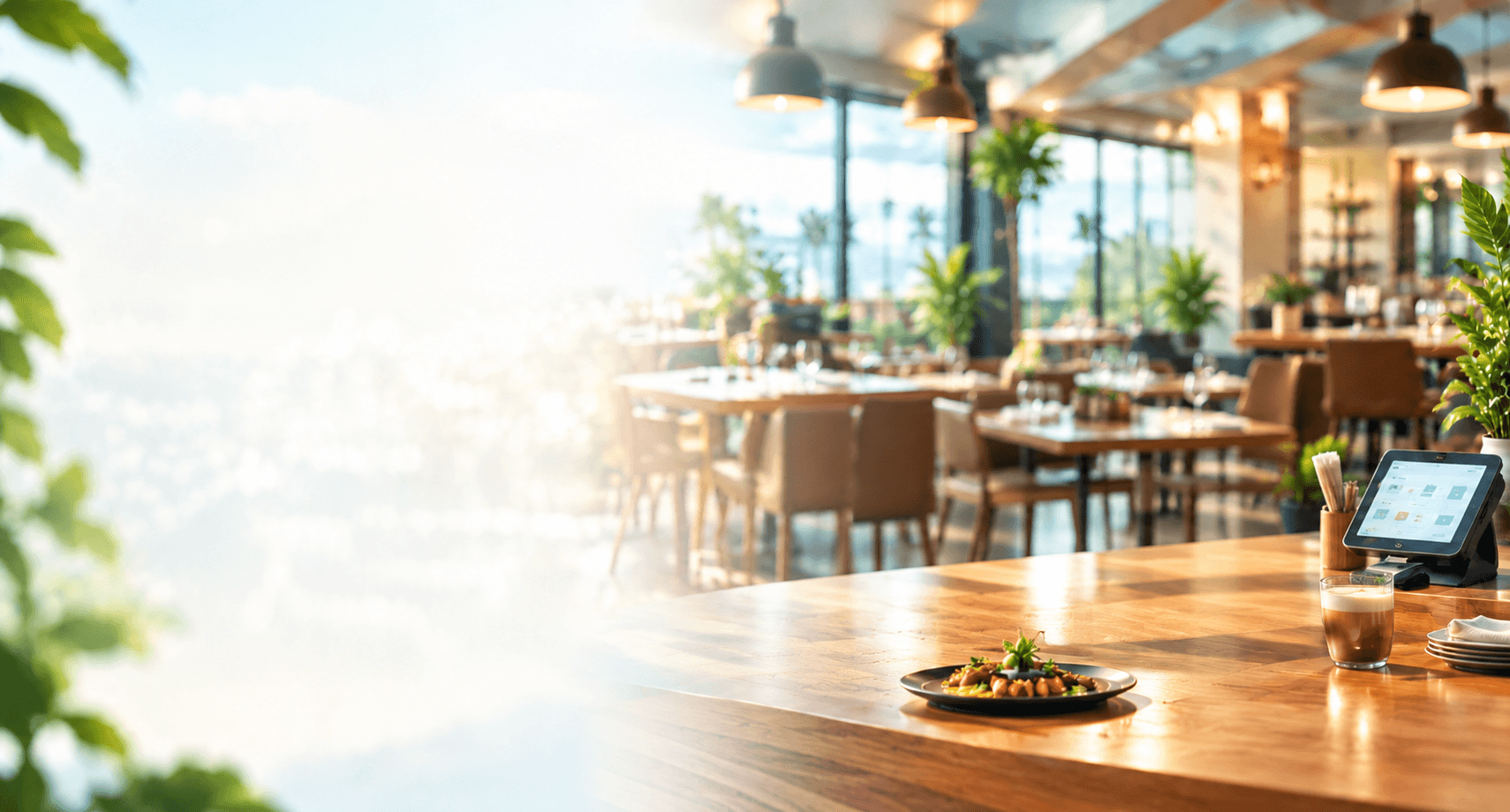 Restaurant d'hôtel avec caisse HOGERIX sur le comptoir, reliée aux chambres, à la cuisine, au stock et aux rapports