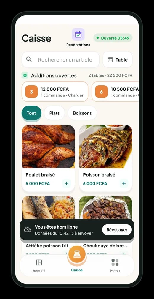 Caisse HOGERIX sur Android en mode hors ligne : trois ventes en attente d'envoi